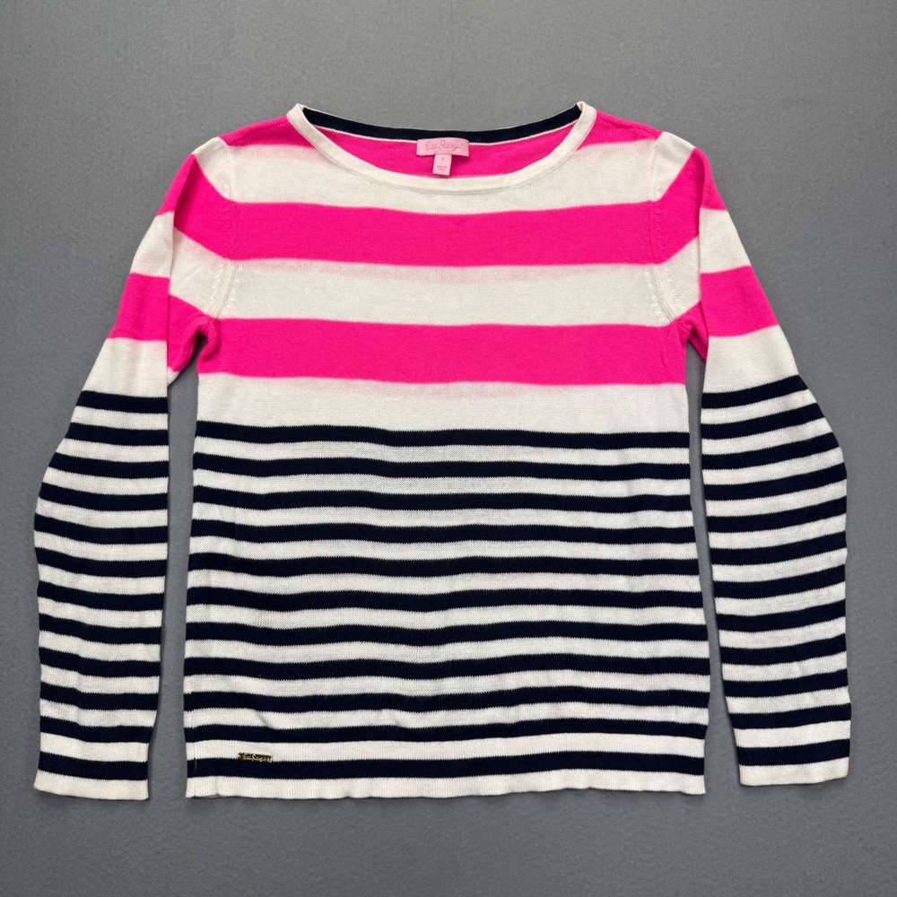Lilly Pulitzer Small Pink Navy Blue‎ Striped Boat Neck Cotton Wool Sweater READ